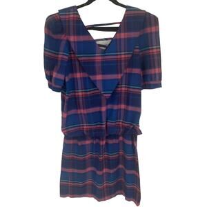 Vintage 80's We3 LTD Dress Womens 12 Made USA Union Pink Blue Plaid V Neck Belt